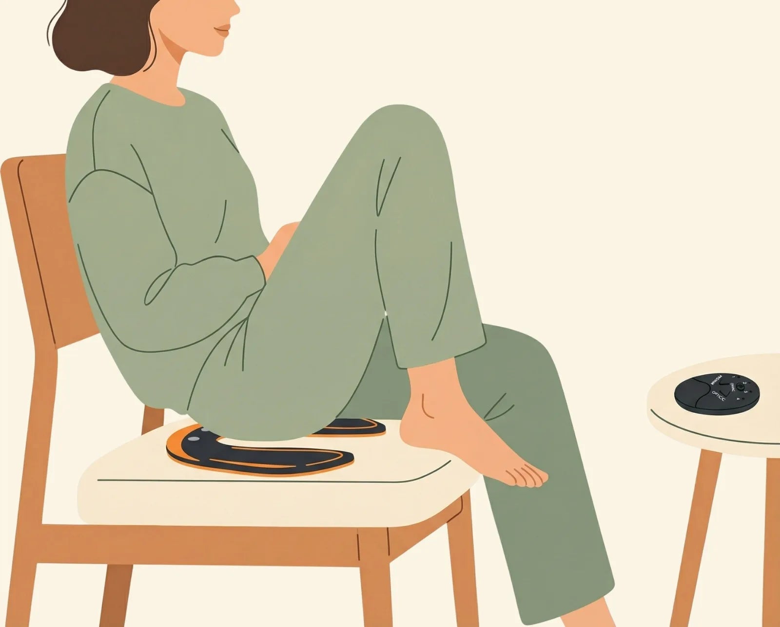 Krok 1: Kobieta siedząca wygodnie na krześle z urządzeniem EMS umieszczonym zewnętrznie