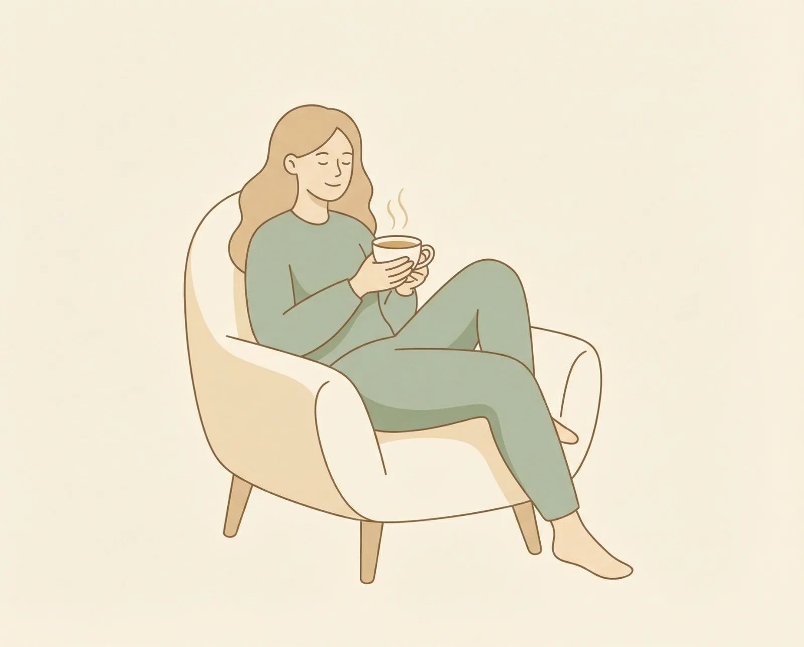 Krok 3: Zrelaksuj się na 20 minut — kobieta pije herbatę podczas treningu mięśni