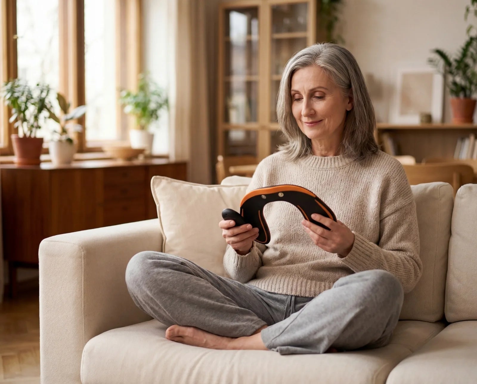 Uśmiechnięta kobieta trzymająca trener EMS dna miednicy w domu